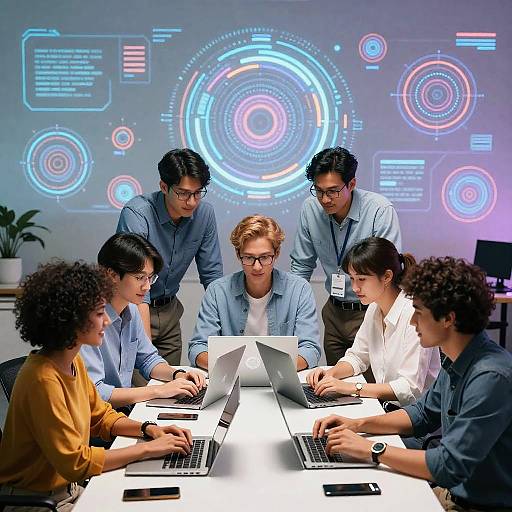 Diverse Team Collaborating with AI Technology