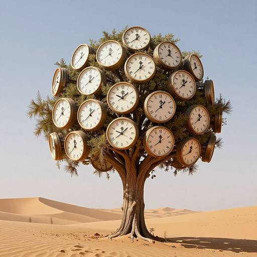 Photograph of a desert tree with large, round, analog clocks for leaves, set against a clear blue sky and sandy dunes.