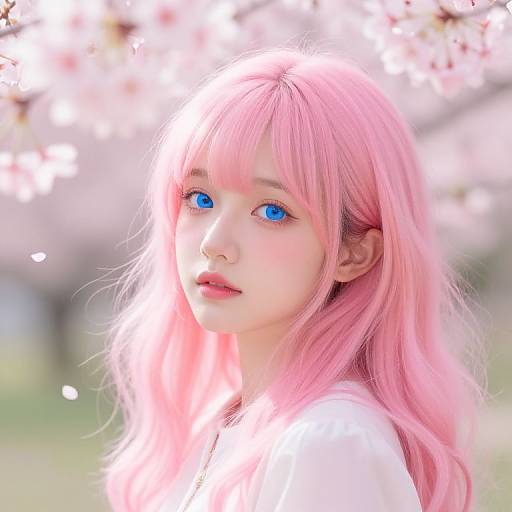 Digital art of a young woman with vibrant pink hair, striking blue eyes, and fair skin, standing under bright cherry blossom branches. She wears a white