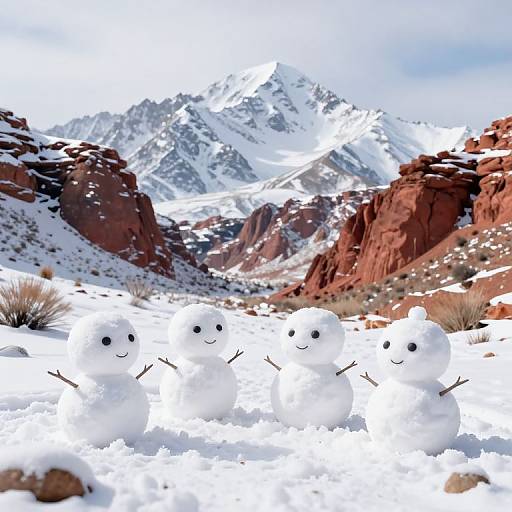 Photograph of five smiling snowmen with black eyes and carrot noses in a snowy, mountainous desert landscape with red rock formations.