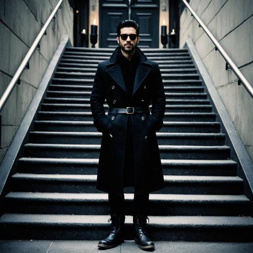 Man in Black Coat Standing on Staircase