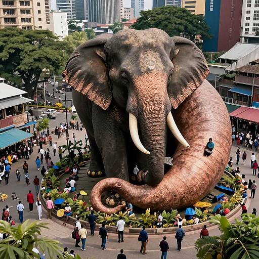 Photograph of a large, lifelike painted elephant statue with white tusks, surrounded by a bustling urban plaza, people walking, colorful flowers,