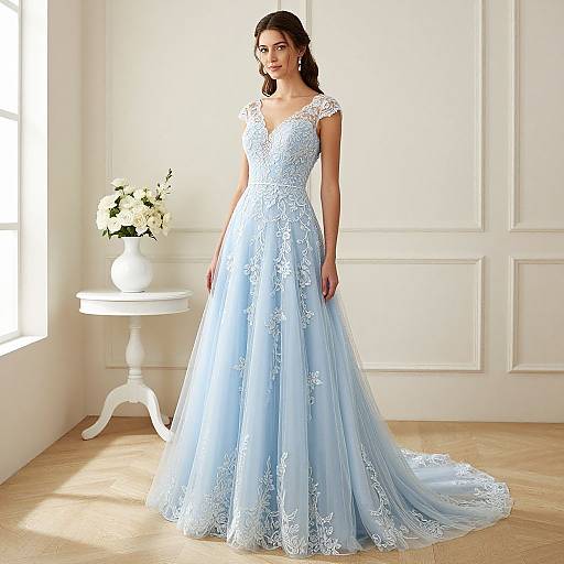 Photograph of a brunette woman in a light blue, lace-embellished, V-neck, short-sleeve ball gown with a long train