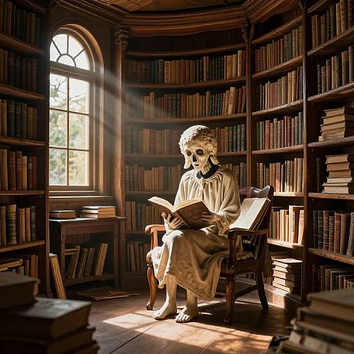 Photograph of a marble statue of a robed figure reading a book in a sunlit, wooden library with tall shelves and a large arched window