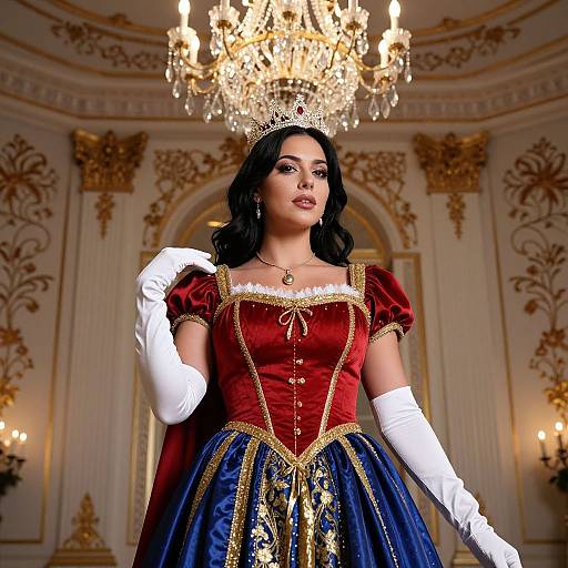 Photograph of a dark-haired woman in a red and blue Disney-style princess gown, white gloves, and crown, standing before an ornate chandelier