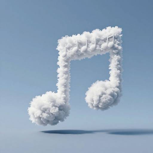 Photorealistic CGI of a white, fluffy cloud-shaped musical note floating against a gradient blue background, casting a soft shadow below.