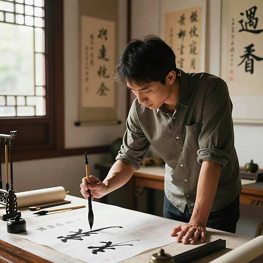 Photograph of an Asian man in a green shirt, carefully writing black ink calligraphy on a paper in a traditional wooden room.