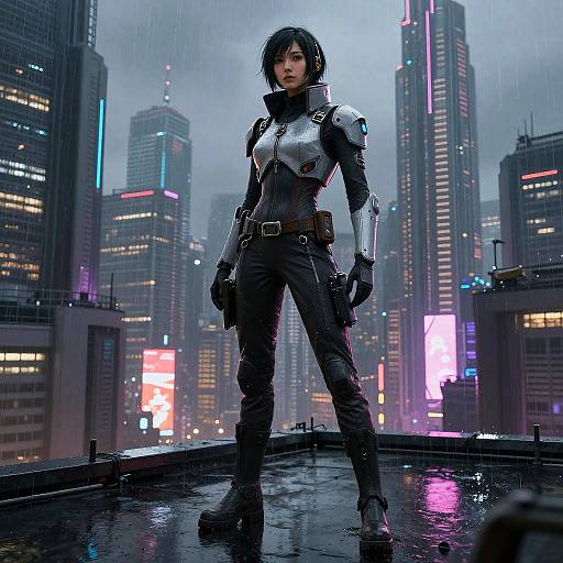 Digital artwork of a tough, black-haired woman in futuristic armor standing on a rainy city rooftop at night, surrounded by neon-lit skyscrapers.