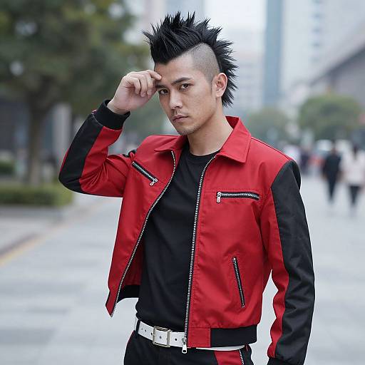 Photograph of an Asian man with a spiked black haircut, wearing a red and black jacket, black shirt, and white belt, standing on a blurred