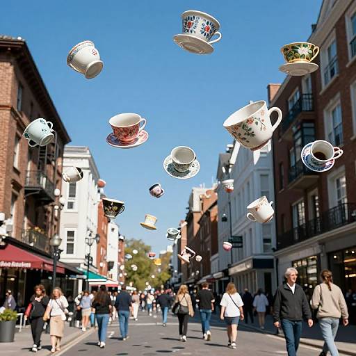 Photograph of a bustling city street with floating teacups in various patterns, under a clear blue sky, pedestrians walking.