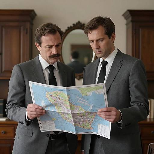 Businessmen Analyzing Map in Dim Light