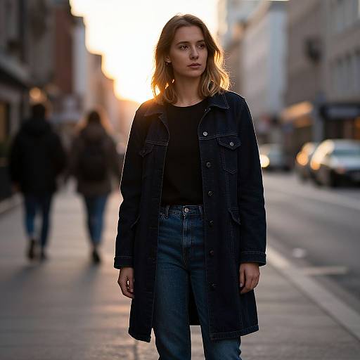 Photograph of a blonde woman with wavy hair, wearing a black denim coat and black shirt, standing on a sunlit urban street, blurred pedestrians