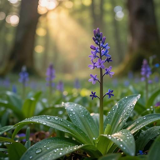 Photograph of a sunlit forest with dew-covered bluebell flowers, vibrant green leaves, and soft-focused background, creating a serene, ethereal atmosphere