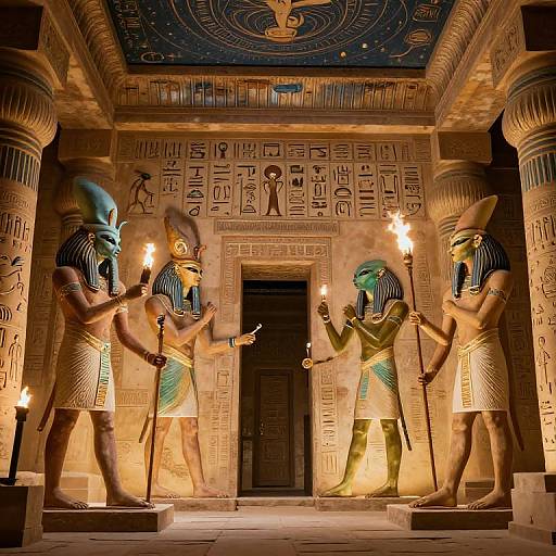 Photograph of ancient Egyptian tomb interior with two statues of pharaohs holding torches, adorned in striped headdresses and kilt-like garments, standing