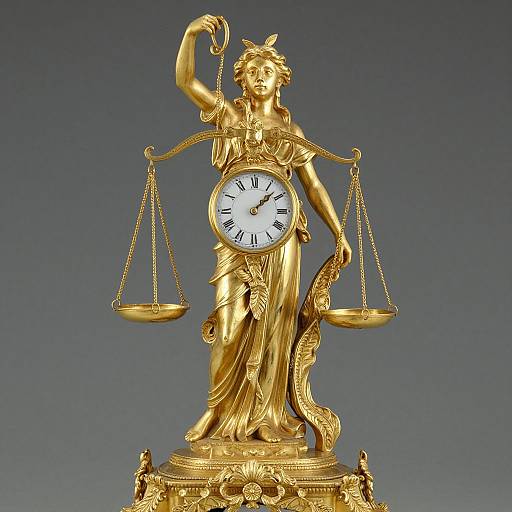 Golden statue of Justice with a clock face, balancing scales in her raised right hand, against a gradient blue background. Photographic image.