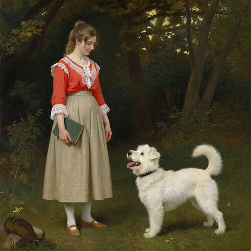Photograph of a young woman in a red lace blouse and beige plaid skirt, holding a green book, standing in a forest with a white,