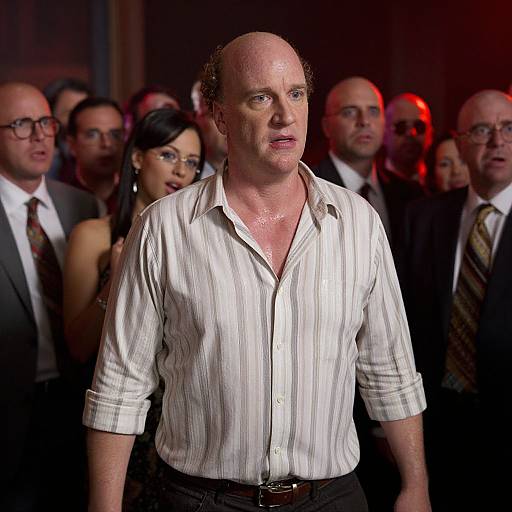 Photograph of a bald, middle-aged man in a white, slightly unbuttoned striped shirt, standing in front of a crowd in formal attire,