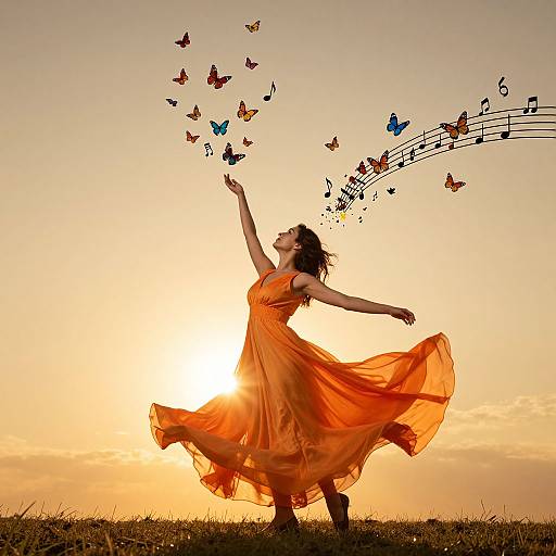 Photograph of a woman in an orange, flowing dress, dancing at sunset, with butterflies and musical notes fluttering around her.