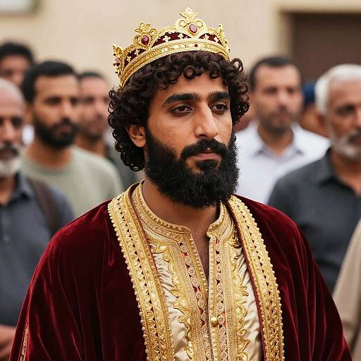 Photograph of a bearded Middle Eastern man with curly black hair, wearing a gold crown and ornate red velvet robe, standing among blurred, be