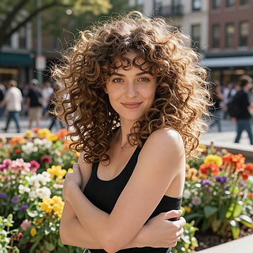 Photograph of a curly-haired woman with fair skin, wearing a black tank top, smiling in a sunny urban garden with colorful flowers, people in the