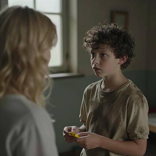 Boy in Grimy Room with Yellow Object
