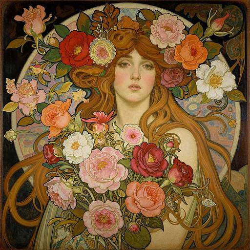 Digital illustration of a fair-skinned woman with long red hair, adorned with vibrant pink, red, and white roses, set against a circular, abstract