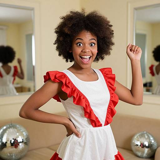 Photograph of a Black woman with an afro, wearing a white dress with red ruffles, striking a happy pose with raised fist in a mirror