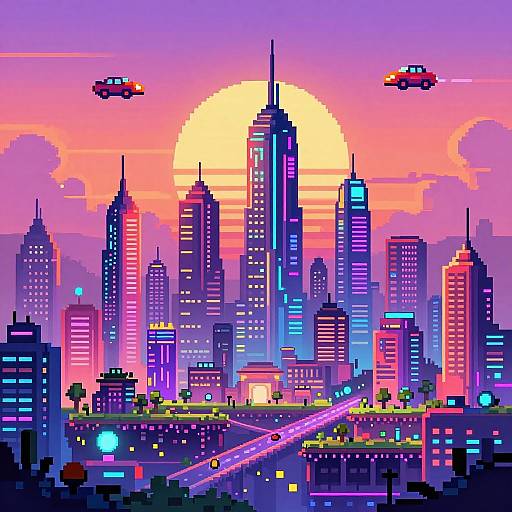 Pixel Art Futuristic Cityscape Sunset