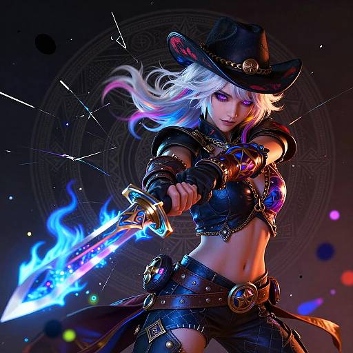 Digital artwork of a fierce white-haired woman in a black cowboy hat, wielding a glowing blue sword, with a mysterious, magical background.