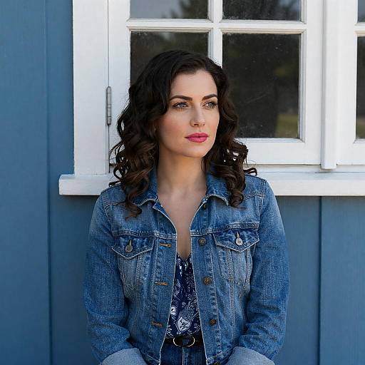 Woman in Denim Jacket Sitting by Blue Wall