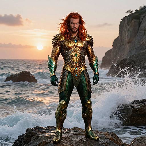Photograph of a red-haired, bearded man in a golden, green, and blue armored suit standing on rocky ocean shore at sunset. Waves crash