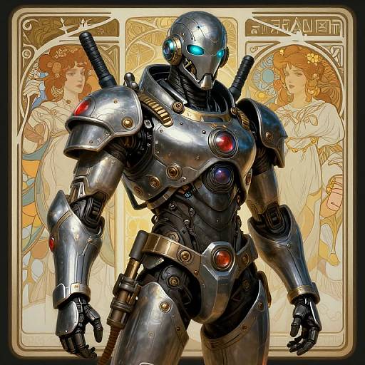 Digital artwork of a futuristic, armored cyborg with glowing blue eyes, standing before Art Nouveau-style illustrations of two women.