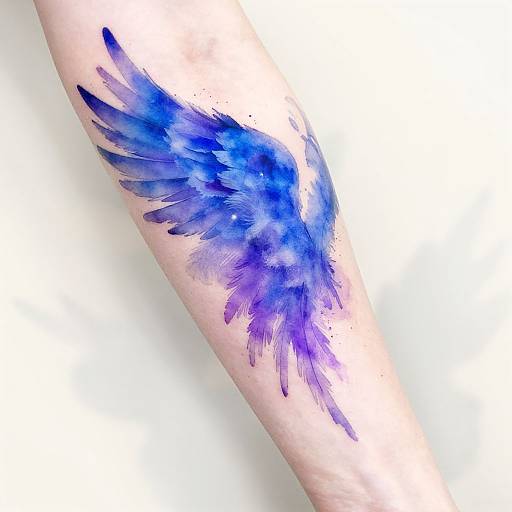 Watercolor-style blue wing tattoo on a pale forearm, with vibrant gradients and feather-like texture, set against a white background.