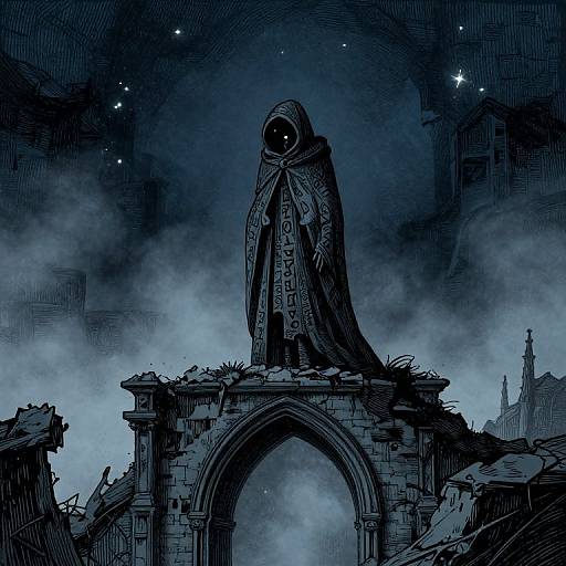 Cryptic Cloaked Figure in Gothic Fog