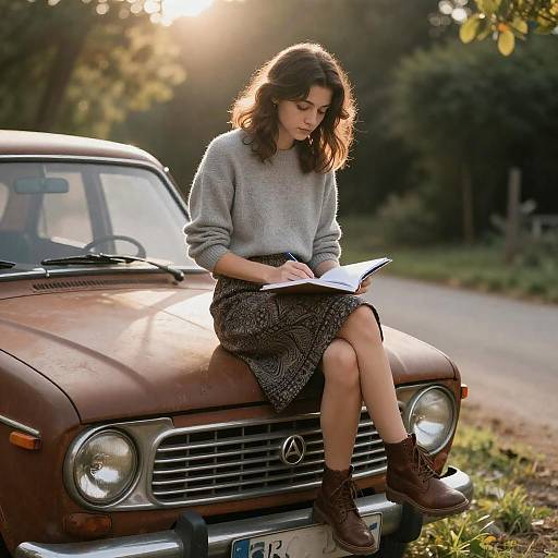 Young Woman on Vintage Car in Nature