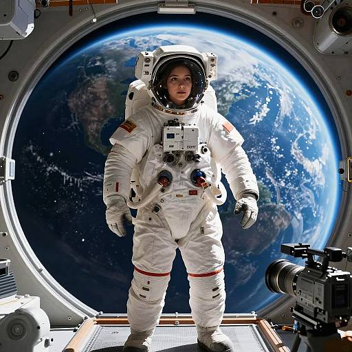 Photograph of an astronaut in a white spacesuit standing inside a spacecraft, with Earth's blue and white horizon visible through the circular window. Camera on