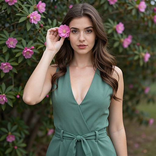 Photograph of a young woman with long brown hair, wearing a deep V-neck teal dress, holding a pink flower against a blooming pink rose bush