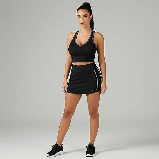Photograph of a fit woman with light skin and dark hair in a high ponytail, wearing a black sports bra, black mini skirt with white stripes