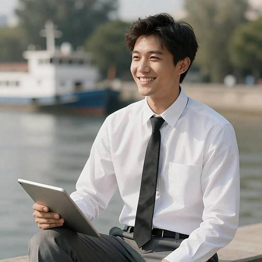 Smiling Man by the River with Tablet