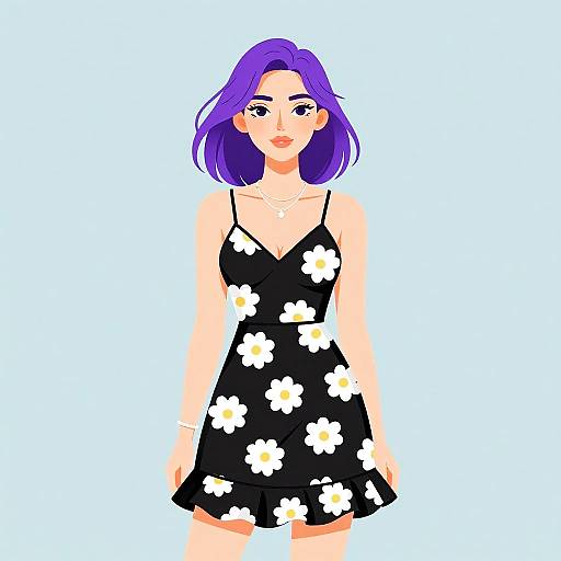Digital illustration of a young woman with purple hair, wearing a black, floral-patterned, spaghetti-strap dress, standing against a light blue background.