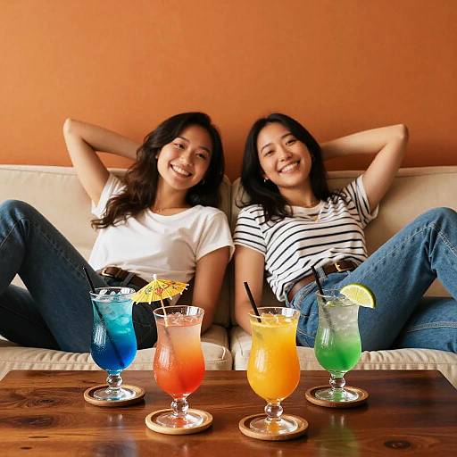 Photograph of two smiling Asian women with long black hair, wearing casual white and striped shirts, relaxing on a beige couch with colorful tropical drinks in front