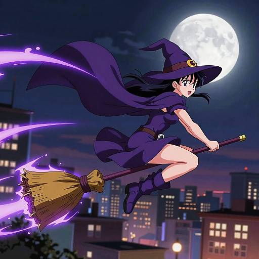 Purple Witch Flying Over Cityscape