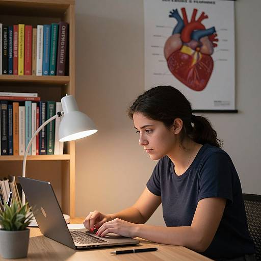 Photograph of a focused young woman with dark hair in a ponytail, wearing a black t-shirt, typing on a laptop in a study room with