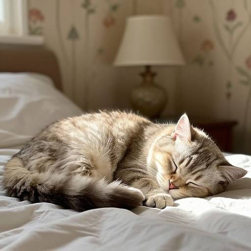 Photograph of a fluffy gray tabby cat sleeping on a sunlit white bed, with a lamp and floral wallpaper in the background.