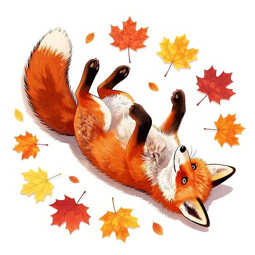 Digital illustration of a playful red fox with a white belly and black paws, lying on its back amidst scattered autumn leaves in red, orange, and