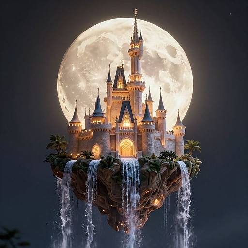 Fantastical castle on a floating rock island, illuminated by a luminous full moon, with cascading waterfalls, surrounded by palm trees, in