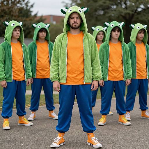 Photograph of six Asian men in matching green hoodies with frog ears, orange shirts, blue pants, and orange sneakers, standing in a park.