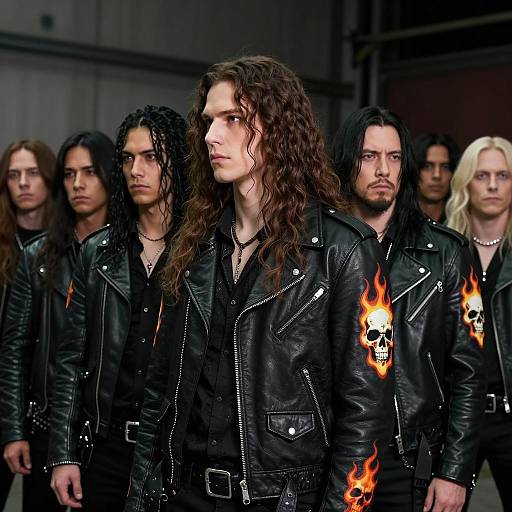 Group of Men in Black Leather Jackets with Skull Flames