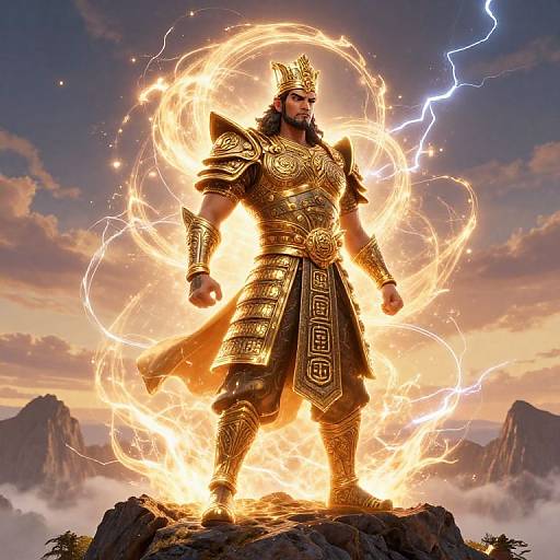 Digital art of a muscular, bearded man in golden, lightning-encircled armor with a crown, standing on a rocky cliff at sunset.