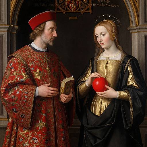 Renaissance painting of a bearded man in ornate red robe and red hat conversing with a pale-skinned woman in gold and black dress